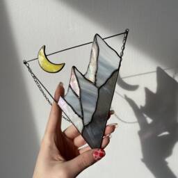 stained Glass Suncatcher Picture Mountains Hill Landscape Home House Decor Window Wall Hanging Moon Cling, Fathers Day Gift From Daughter - thumbnail 3