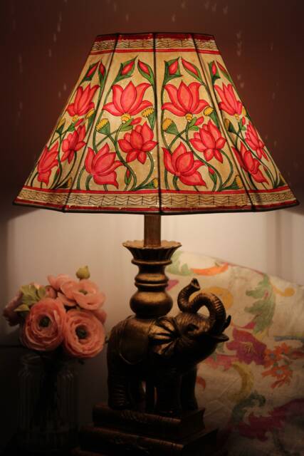Painted Leather Lamp Shade Pink Lotus Design - Handmade Shade- Table Lampshade H-12, W-18 Inches - image 1