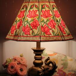Painted Leather Lamp Shade Pink Lotus Design - Handmade Shade- Table Lampshade H-12, W-18 Inches - thumbnail 2