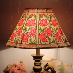 Painted Leather Lamp Shade Pink Lotus Design - Handmade Shade- Table Lampshade H-12, W-18 Inches - thumbnail 3