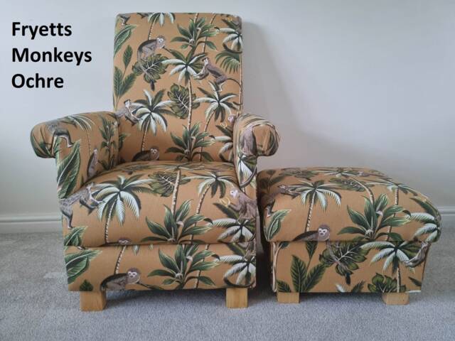Adult Chair & Footstool in Fryetts Monkeys Fabric Grey Ochre Mustard Teal Blue Natural Armchair Pouffe Footstall Green Jungle Safari Animals - image 1