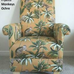 Adult Chair & Footstool in Fryetts Monkeys Fabric Grey Ochre Mustard Teal Blue Natural Armchair Pouffe Footstall Green Jungle Safari Animals - thumbnail 4