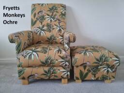 Adult Chair & Footstool in Fryetts Monkeys Fabric Grey Ochre Mustard Teal Blue Natural Armchair Pouffe Footstall Green Jungle Safari Animals