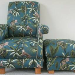Adult Chair & Footstool in Fryetts Monkeys Fabric Grey Ochre Mustard Teal Blue Natural Armchair Pouffe Footstall Green Jungle Safari Animals - thumbnail 3