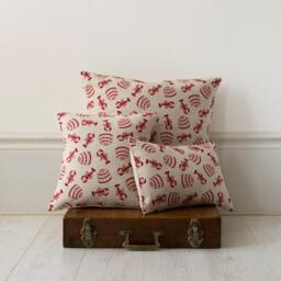 Lobster Pot Red Nautical Seaside Beach Linen Cushion Pillow - thumbnail 2