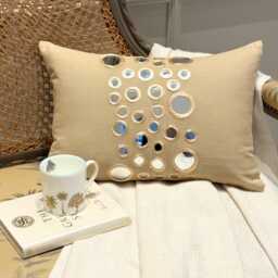 Beige Cotton Canvas Mirror Work Decorative Lumbar Pillow Cover, 12x16 Contemporary Oblong Cushion Circle & Dots - Light - thumbnail 1