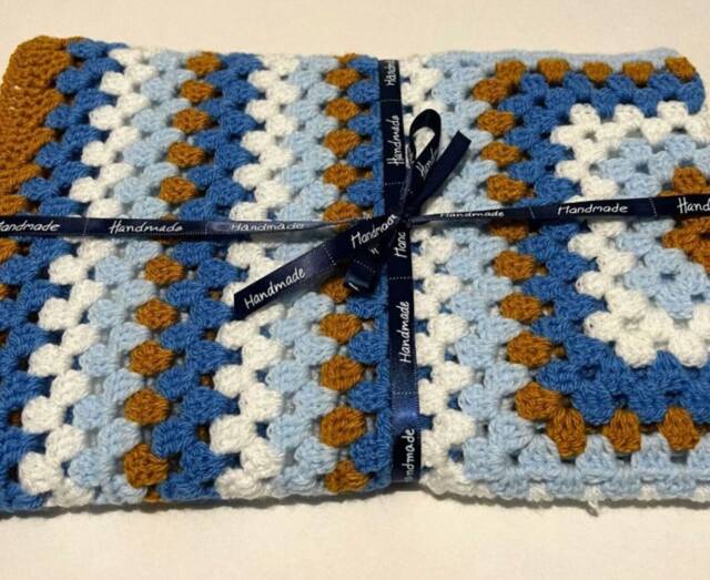 Retro Crochet Baby Blanket, Acrylic Pram Blue, White & Mustard - 25x25 - image 1