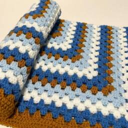 Retro Crochet Baby Blanket, Acrylic Pram Blue, White & Mustard - 25x25 - thumbnail 2