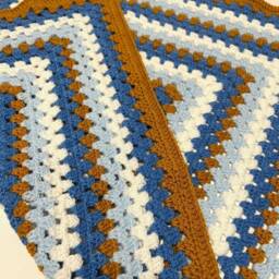 Retro Crochet Baby Blanket, Acrylic Pram Blue, White & Mustard - 25x25 - thumbnail 4
