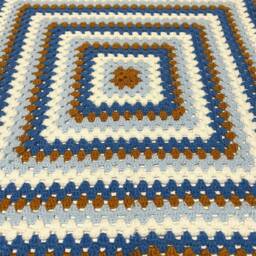 Retro Crochet Baby Blanket, Acrylic Pram Blue, White & Mustard - 25x25 - thumbnail 3