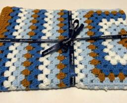 Retro Crochet Baby Blanket, Acrylic Pram Blue, White & Mustard - 25x25 - thumbnail 1