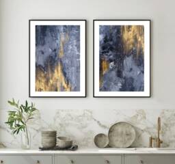 Set Of 2 Navy Blue & Gold Prints, Abstract Art, Paint Detail, Texture Detail Wall Hallway Lounge Bedroom Bathroom - thumbnail 1
