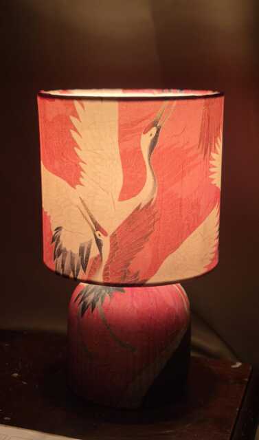 Decoupage Table Lamp Japanese Crane Design, Red Oriental Night Light UK Plug - image 1