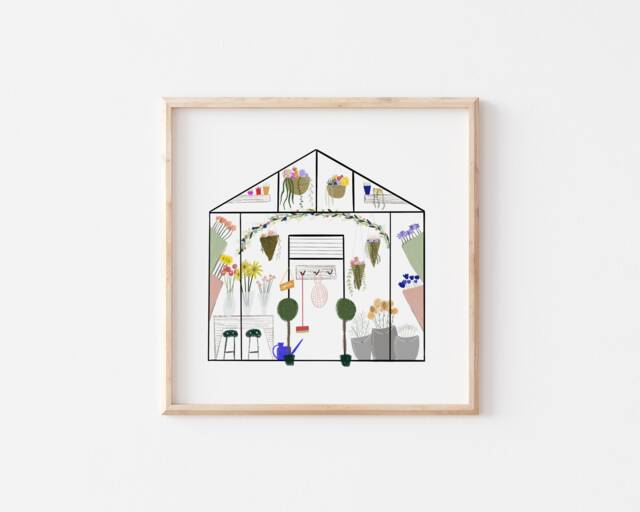 Flower House Print Wall Art - Greenhouse Print Potted Plants Gallery Art Wall Gardening Artwork Decor Drawn Gift For Gardener - image 1