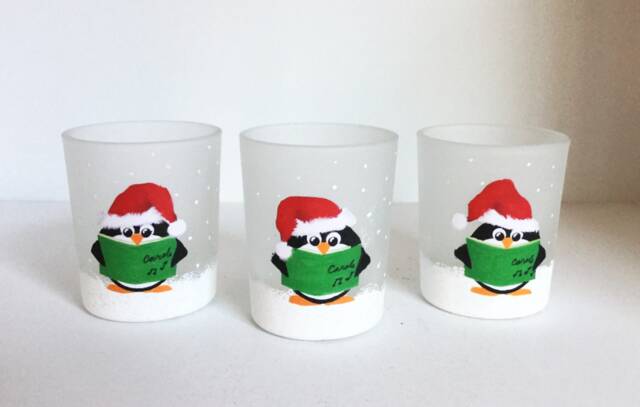 Christmas Caroling Penguins Frosted Glass Votive Candle Holders - Set Of 3 - image 1