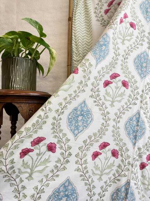 Pure Soft Cotton Indian Floral Dohar Reversible Bed/Sofa Throw Summer Quilted King Size Handprint White Pink Blue Mughal Regal Dream - image 1