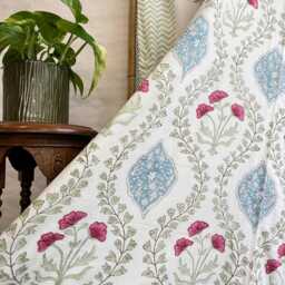 Pure Soft Cotton Indian Floral Dohar Reversible Bed/Sofa Throw Summer Quilted King Size Handprint White Pink Blue Mughal Regal Dream - thumbnail 4