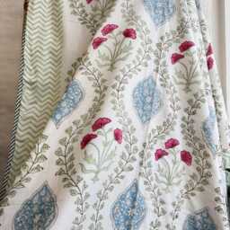 Pure Soft Cotton Indian Floral Dohar Reversible Bed/Sofa Throw Summer Quilted King Size Handprint White Pink Blue Mughal Regal Dream - thumbnail 3