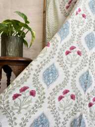 Pure Soft Cotton Indian Floral Dohar Reversible Bed/Sofa Throw Summer Quilted King Size Handprint White Pink Blue Mughal Regal Dream
