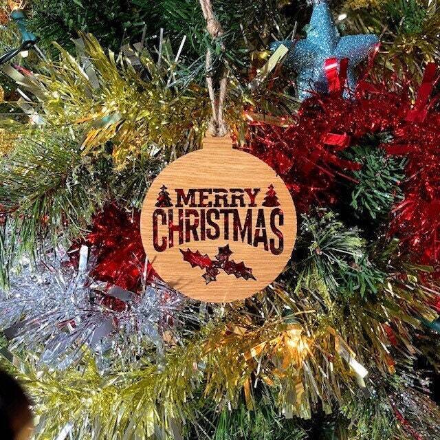 Wooden Christmas Tree Decoration - Beautiful Ornament Available in Oak, Walnut Cherry Wood -Or- Silver, Gold, Red, Green Glitter - image 1