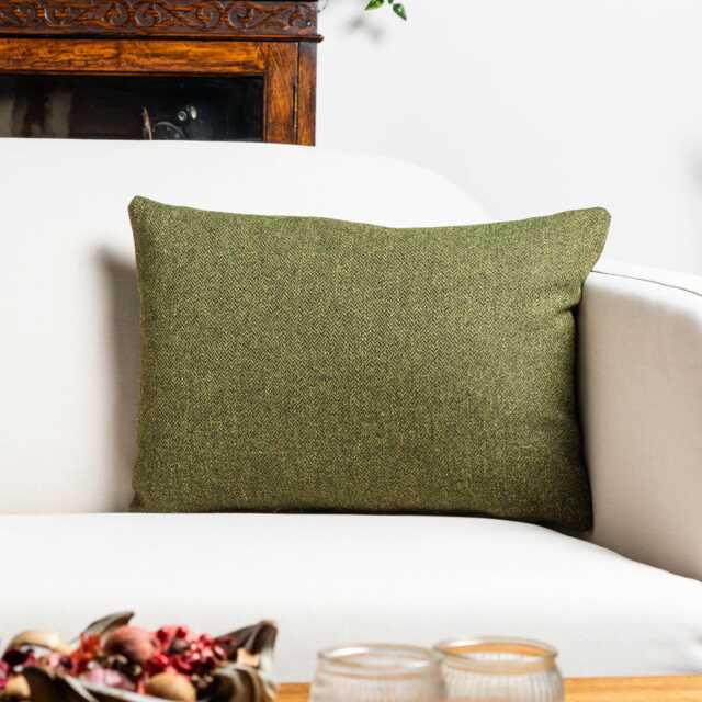 Classic Herringbone Tweed Boudoir Cushion in Vintage Green. British Racing Green Traditional Check Design. 17x12 - image 1