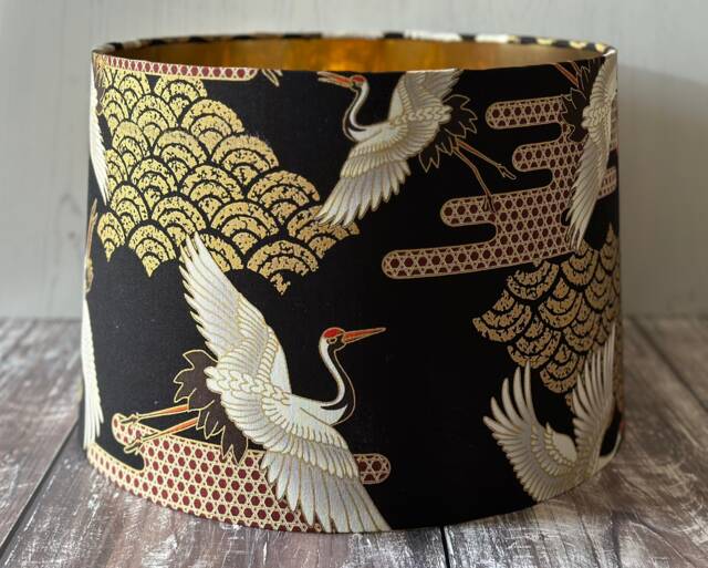 Black & Gold Lampshade, Crane Bird Japanese Fabric Black Decor, Table Lampshade - image 1