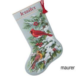 Personalised Christmas Stocking With Embroidered Snow Cardinals Custom Cross Stitch Family Stockings Nursery Decor Made To Order - thumbnail 2