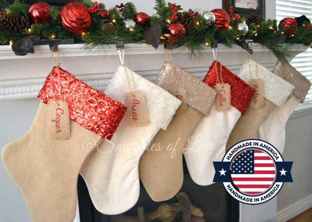 Personalized Burlap Christmas Stocking Velvet Or Fabric With Sequin Cuff - image 1