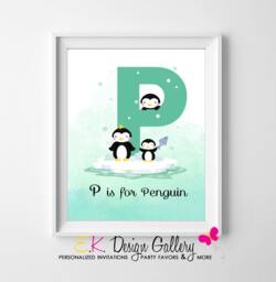 Penguin Kids Nursery Print Letter P Monogram Wall Art - Instant, Digital Download - thumbnail 1