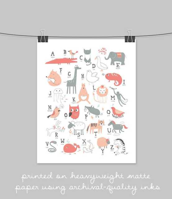Alphabet Wall Art Print Coral Animal Letters - Nursery Decor - image 1