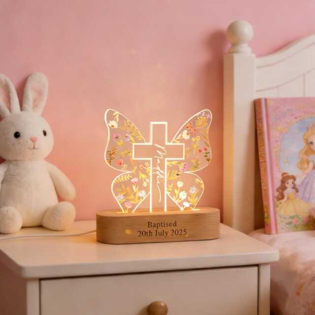Baptism Gift For Girl, Custom Kids Name Butterfly Cross Night Light Goddaughter, Nursery Decor Gift, Christening Gifts, Easter - image 1