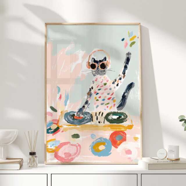 Dj Cat Art Print - Cool Wall For Music Lovers Colourful Poster Hipster Home Or Studio Decor - image 1