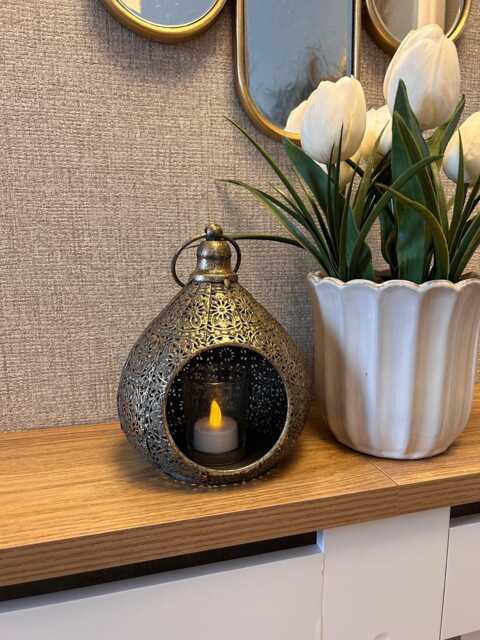 Antique Ornate Metal Teardrop Lantern - Indoor Candle Holder - image 1