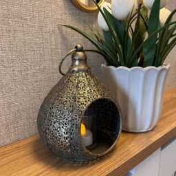 Antique Ornate Metal Teardrop Lantern - Indoor Candle Holder - thumbnail 2