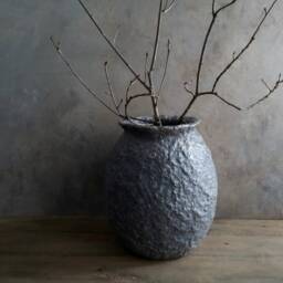 Handmade Paper Mache Vase Metallic Grey Textured Vessel, Modern Minimalist Decor - thumbnail 2