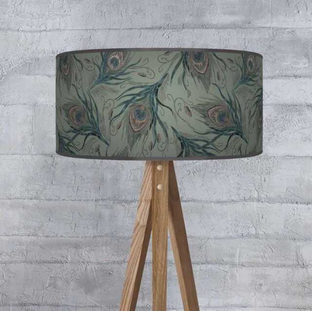 Peacock Feather Lampshade - Sage Green Drum Ceiling Light Shade For Elegant Decor - image 1