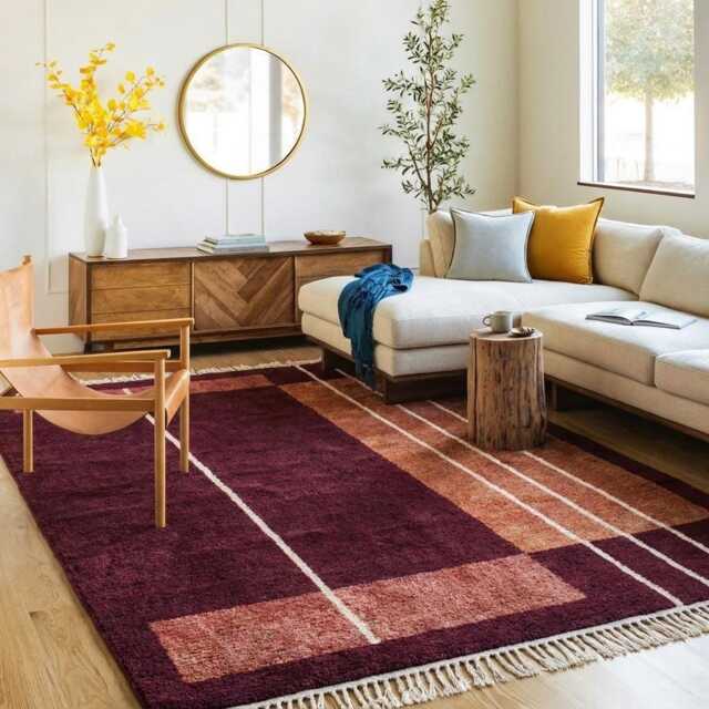Burgundy Geometric Moroccan Rug, Berber Large Area Modern Minimalist Living Room Carpet, Handmade Wool Rug - image 1