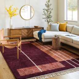 Burgundy Geometric Moroccan Rug, Berber Large Area Modern Minimalist Living Room Carpet, Handmade Wool Rug