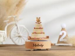 Bunny Cake Music Box, Handmade Wooden 1st Birthday Gift, Personalized