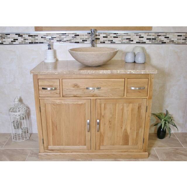 Bathroom Vanity Unit Oak Modern Cabinet Wash Stand Travertine Top & Basin 1161T025T - image 1