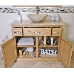 Bathroom Vanity Unit Oak Modern Cabinet Wash Stand Travertine Top & Basin 1161T025T - thumbnail 3