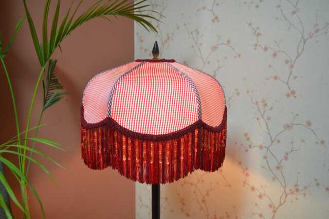 Red Check Silk Lampshade Beaded Fringe, Victorian Style - image 1