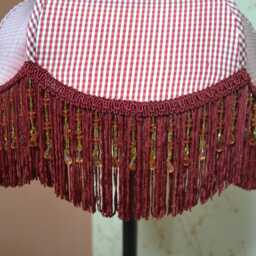 Red Check Silk Lampshade Beaded Fringe, Victorian Style - thumbnail 3