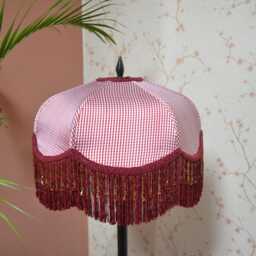 Red Check Silk Lampshade Beaded Fringe, Victorian Style - thumbnail 2
