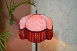 Red Check Silk Lampshade Beaded Fringe, Victorian Style
