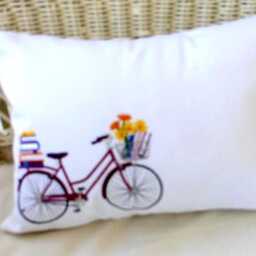 Embroidered September Bicycle Pillow Cover Seasonal Canvas Or Linen - thumbnail 2