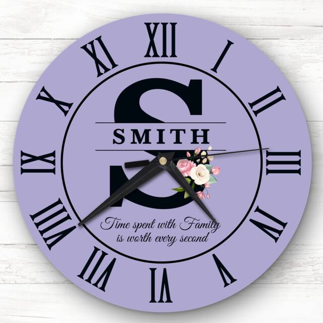 Dusky Purple Family Name Any Initial Personalised Gift Clock - image 1