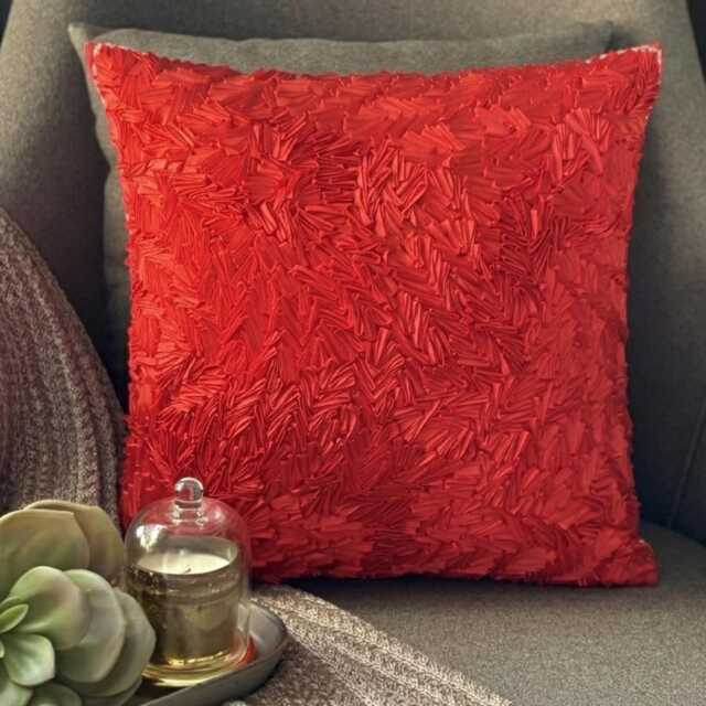 Ribbon Embroidered Solid Pattern, Red Art Silk, 24x24/26x26 Modern Euro Sham - Hot Satin - image 1