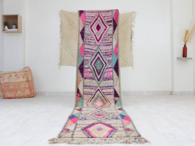 Purple & Pink Vintage Runner Boujaad - Runner Rug Moroccan 2x10 Hallway Genuine Lamb Wool - image 1