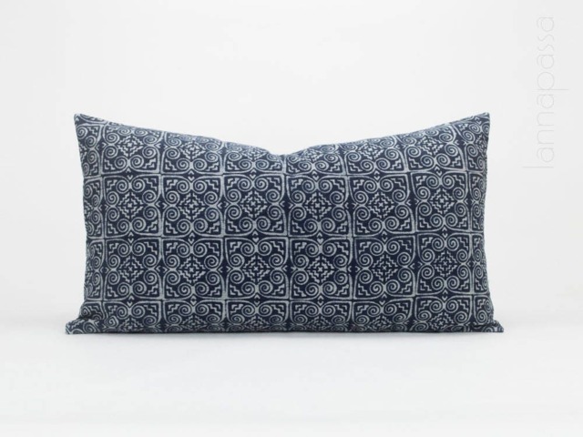 Hmong Indigo Batik Lumbar Pillow Cover Hill Tribe Handspun Cotton - 13 X 24 - image 1